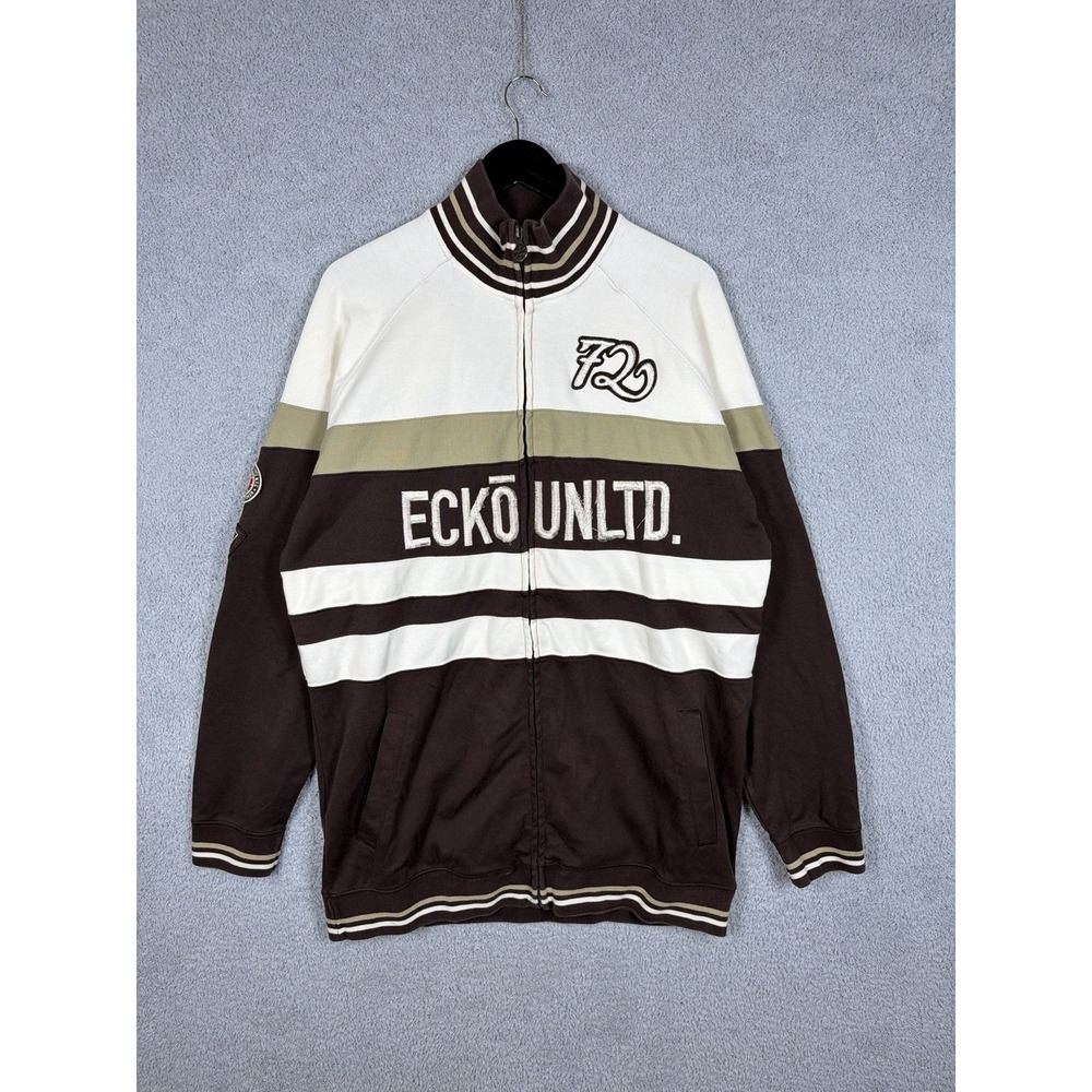 Ecko Unltd Track Jacket Mens XL Brown Full Zip Y2K Spellout Striped Hip Hop